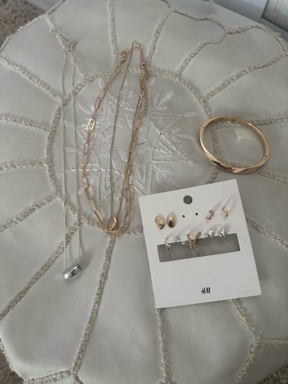 H&M Two-Tone Layered Necklace, Studs & Gold Bangle Set